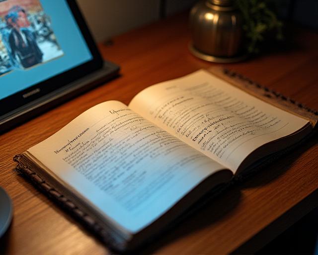 Researcher analyzing old manuscripts next to a modern tablet device